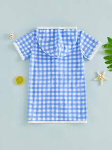 Girls Boys Gingham Hooded Terry Coverups Kid One Piece Swimsuits Summer Zip Up Short Sleeve Ruffle Swim Cover Up Beachwear - 藍色 - 查看 6