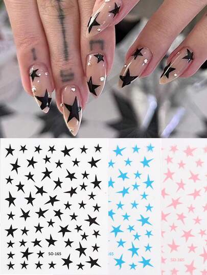 Bộ 2/3 miếng dán móng tay hình ngôi sao màu đen kim loại, trắng, hồng, xanh dương, nhiều kích cỡ, decal trượt hologram, dụng cụ làm móng nghệ thuật trang trí móng tay thanh lịch, phụ kiện làm móng DIY.