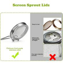 950毫升（32盎司）发芽罐套装，包含可重复使用的不锈钢网盖、带支架的发芽器盖、沥水盘和遮光罩，适用于在86毫米宽口梅森罐中种植有机苜蓿、西兰花种子和绿豆。 - 梅森罐 - 查看 5