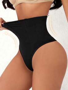 Women Seamless High Waist Tummy Control With Hook-And-Eye Closure Thong Design Lifting Shaping Briefs - 黑色 - 查看 4