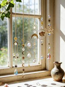 1件波西米亚风太阳、月亮、莲花、银杏水晶捕梦网吊坠，窗户装饰，氛围照明装饰，适用于卧室、客厅、阳台、花园、冥想空间、公寓、宿舍、工作室、咖啡馆、瑜伽馆，节日礼物 - 彩色 - 查看 7