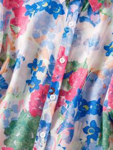 女士印花宽松翻领纽扣衬衫，优雅休闲短袖上衣，适合春夏办公及日常度假穿着。 - 深藍+紫色 - 查看 5