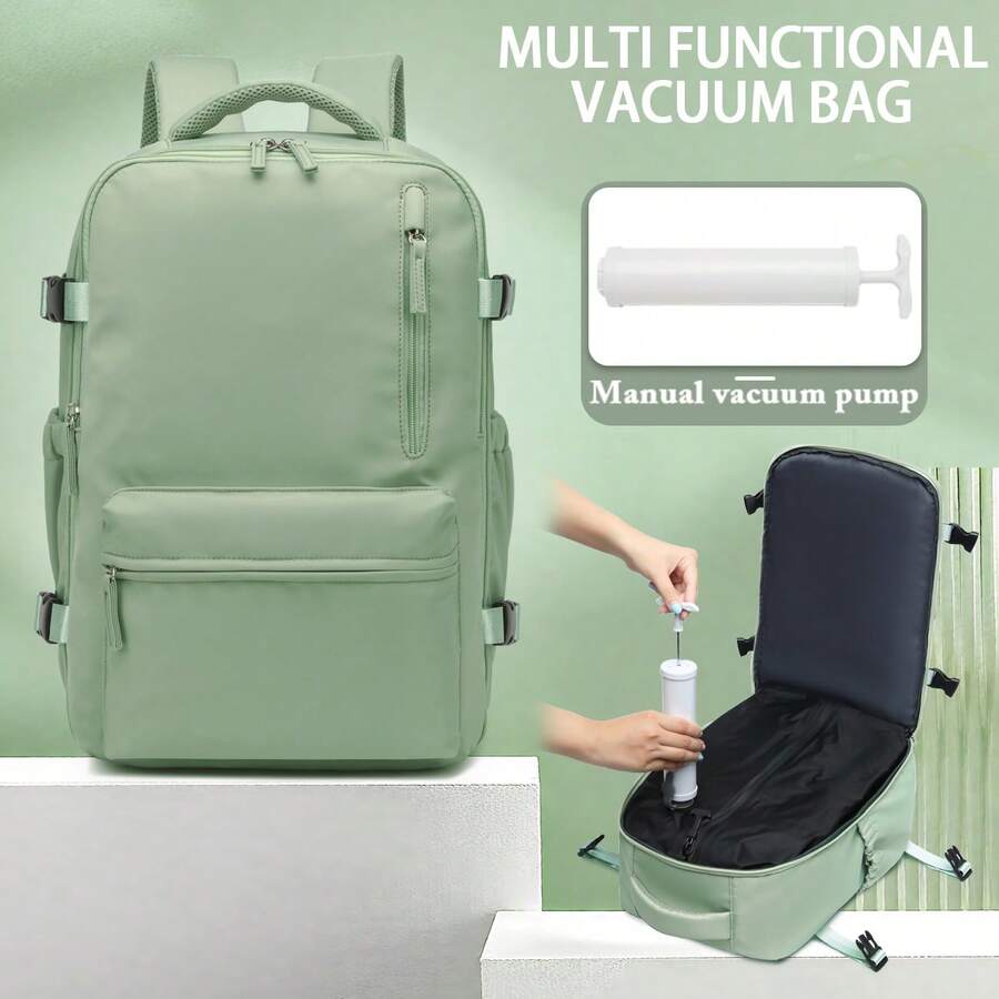 Vacuum Compression Backpack Set With Manual Air Pump, Fashion Backpack With Multi-Functional Storage Compartments, Durable Nylon Material Suitable For Outdoor Travel, Business Trip, Camping, Meets Airline Carry-On Size