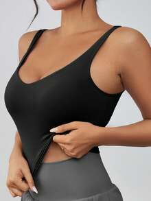 1pc Women's Short Tight-Fitting Nylon Racerback Tank Top With Removable Padded Bra, Slimming, Suitable For Spring/Summer Black Sports - Black - View 5