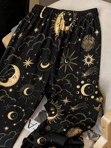 女士休闲睡裤，星月印花，舒适松紧腰带，春夏款 - 黑色 - 查看 4