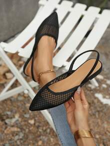 Black Pointed Toe Slingback Shoes, Lace Mesh Vamp Design, Elastic Band, Casual Loafers, Elegant Minimalist Style, Suitable For Commuting - Black - View 1