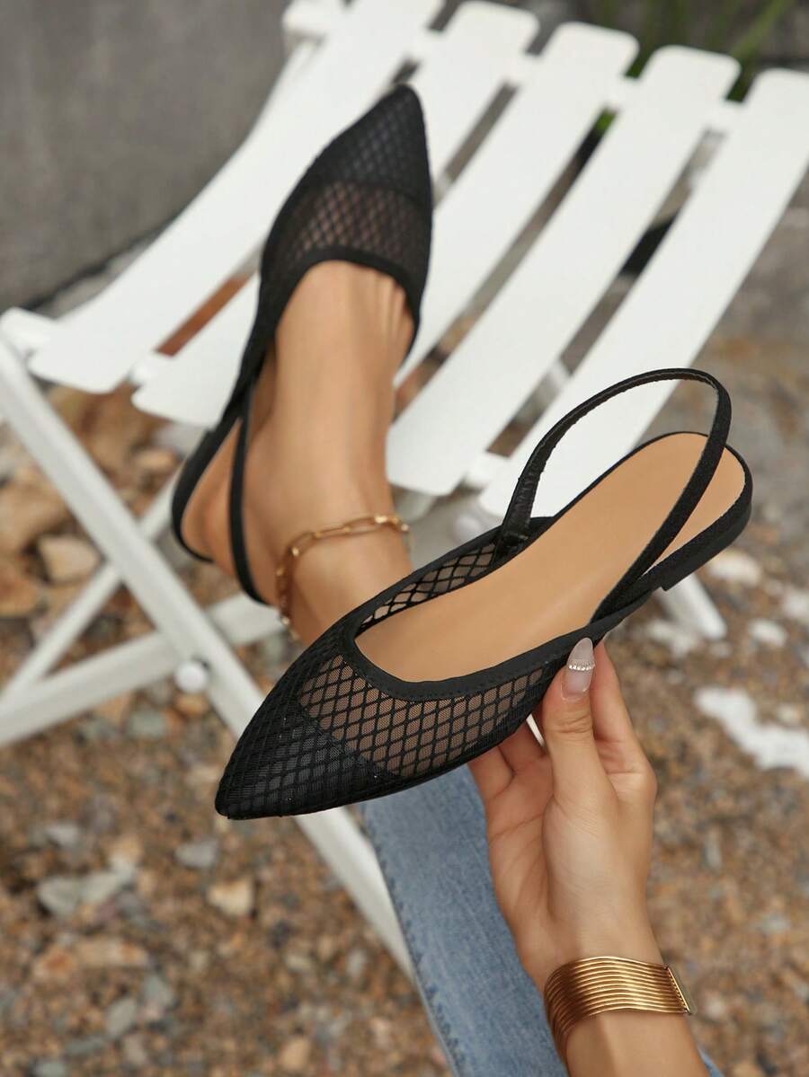 Black Pointed Toe Slingback Shoes, Lace Mesh Vamp Design, Elastic Band, Casual Loafers, Elegant Minimalist Style, Suitable For Commuting - Black - View 1