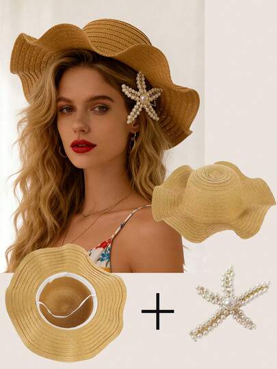 Sombrero de paja de ala ancha para mujer para primavera/verano, combinado con un elegante clip para el cabello con perlas, sombrero de paja de Panamá con cordón contra el viento, UPF 80+, sombrero de playa para protección solar