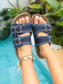 Sandal Datar Wanita Modis, Sol Lembut, Ringan, Dapat Diatur, Gesper Ganda, Sol Tebal - Cocok untuk Dipakai di Dalam, Luar Ruangan, dan Pantai, Musim Semi/Panas - Navy Blue - View 5