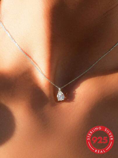 1pc 925 Sterling Silver Necklace, Minimalist Pear-Shaped Pendant Necklace, Elegant Design, Thoughtful Gift For Girlfriend Or Best Friend, Delicate Neck Chain, Suitable For Daily Wear