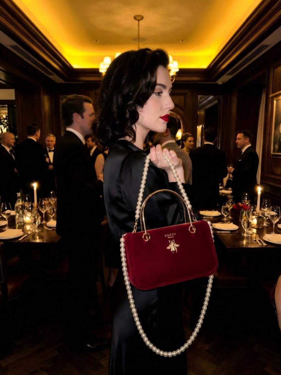 Gucci 1个双提手迷你酒红色丝绒单肩包 - 奢华优雅风格，饰有蜜蜂图案和珍珠链条，长方形，适合婚礼和派对的多功能晚宴包 - 紅色 - 查看 1