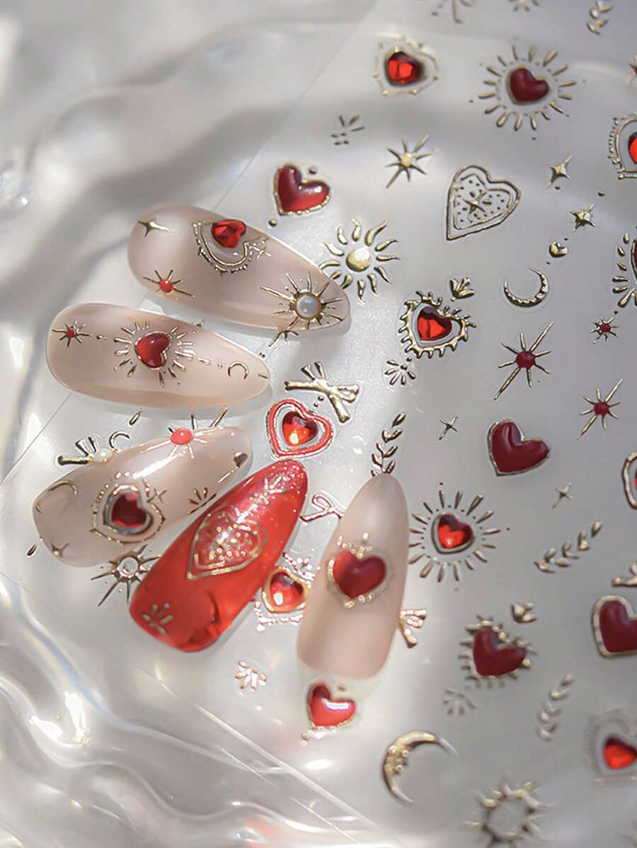 Beautizon Nailartlab 5D金属金色和红色爱心美甲贴纸,自粘星空美甲贴花 - 彩色 - 查看 1