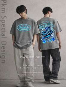 Men Gray Washed Vintage Streetwear Brand 100 Percent Cotton T Shirt Blue Dragon And Vons Dutchs Text Graphic Print Casual Outfit For Everyday Wear Front And Back Print Retro Heavyweight Tee Perfect Gift Loose Comfortable Breathable Machine Washable Fabric Hip Hop Cool Style Drippy Clothes Y2K Fashion - 灰色 - 查看 3