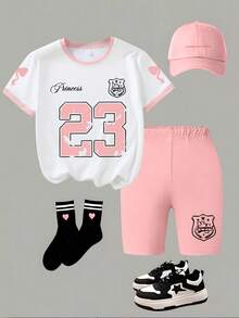2pcs/Set Girls' Summer Top And Shorts Set, Loose Short Sleeve T-Shirt, Casual Minimalist Style, Suitable For School/Sports/Outdoor, Student Outfit - Pink - View 1