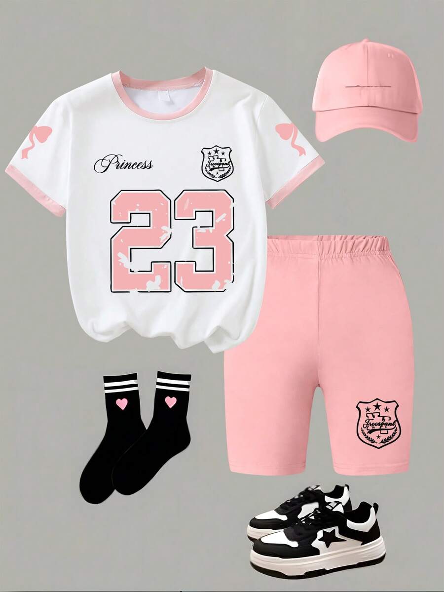 2pcs/Set Girls' Summer Top And Shorts Set, Loose Short Sleeve T-Shirt, Casual Minimalist Style, Suitable For School/Sports/Outdoor, Student Outfit - Pink - View 1