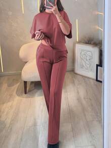 Women's Casual Comfortable Solid Color Short Sleeve Top And Elastic Waist Pocket Pants 2 Pieces Set, Soft Polyester-Spandex Fabric, Spring/Summer Elegant - Pink 74 - View 2
