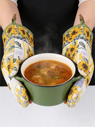 Bộ găng tay và miếng lót nồi hình hoa hướng dương – Găng tay và đế lót nồi chịu nhiệt dùng cho lò vi sóng, lò nướng và làm bánh (1 bộ)