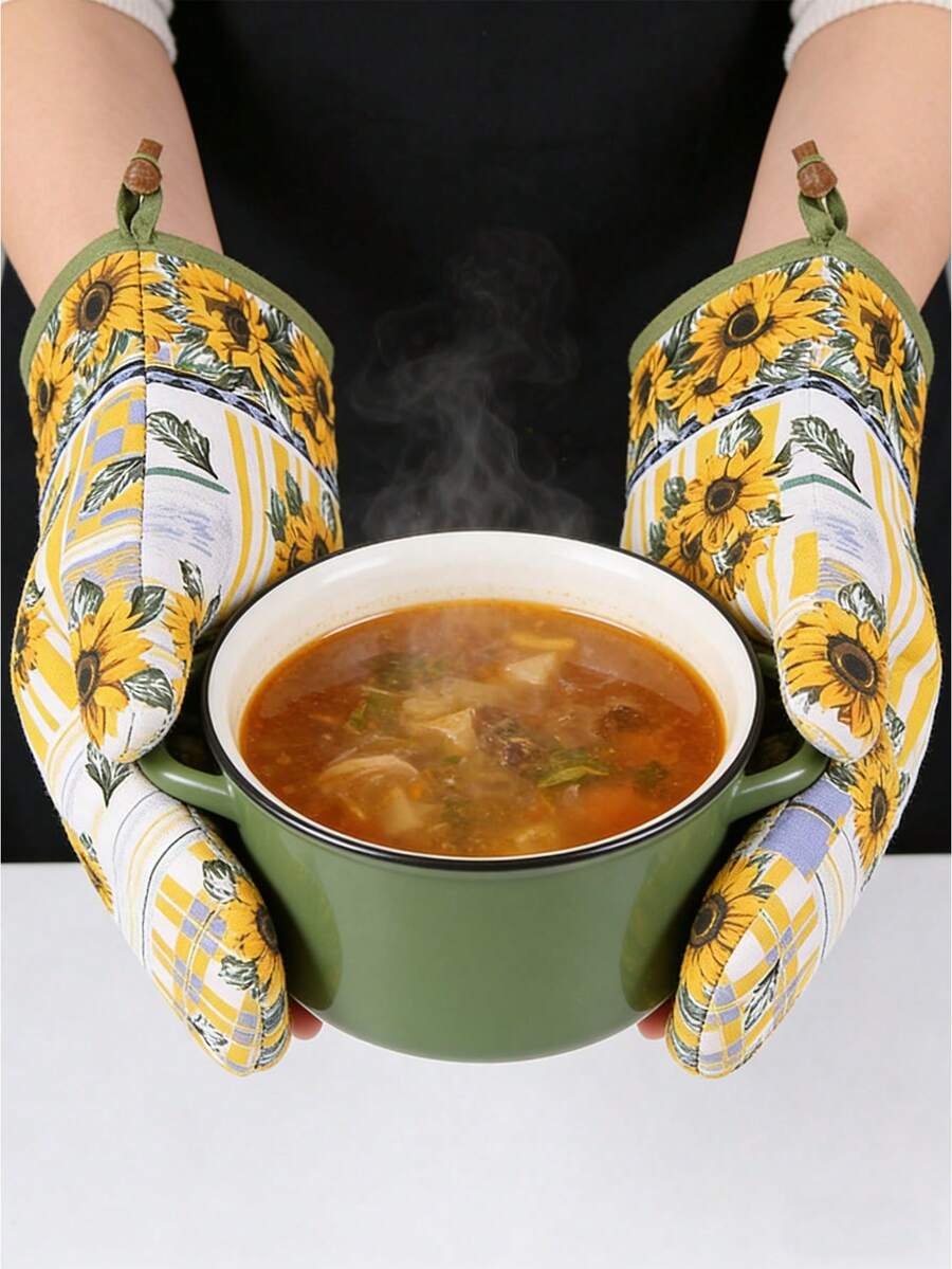 Bộ găng tay và miếng lót nồi hình hoa hướng dương – Găng tay và đế lót nồi chịu nhiệt dùng cho lò vi sóng, lò nướng và làm bánh (1 bộ) - Xem 1
