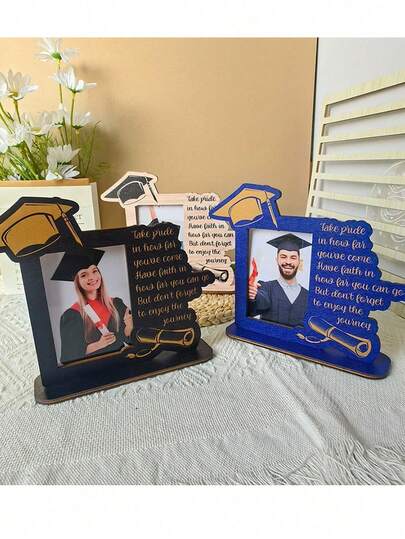 1 Set: Wooden Graduation Cap Photo Frame - A 3D Keepsake With Inspiring Quote (Blue & Gold Design). Perfect For Graduates To Display Graduation Photos; Ideal For Graduation Party Decor, Photo Display, And As A Wooden Memorabilia Frame. The Best Gift For Friends And Family - A DIY Handcraft Project.