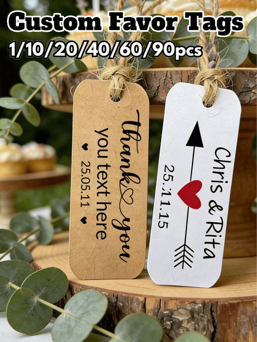 Etiquetas de regalo personalizadas con tema de boda, personalizables con nombre y fecha, hechas de cuerda de yute y de forma rectangular. Están disponibles en cartulina para fiestas, cajas y otros materiales. Estas etiquetas se pueden personalizar como etiquetas de boda, etiquetas con nombre de boda personalizadas, etiquetas de agradecimiento, decoraciones de fiesta y están hechas de papel kraft. - Multicolor 3 - Ver 1