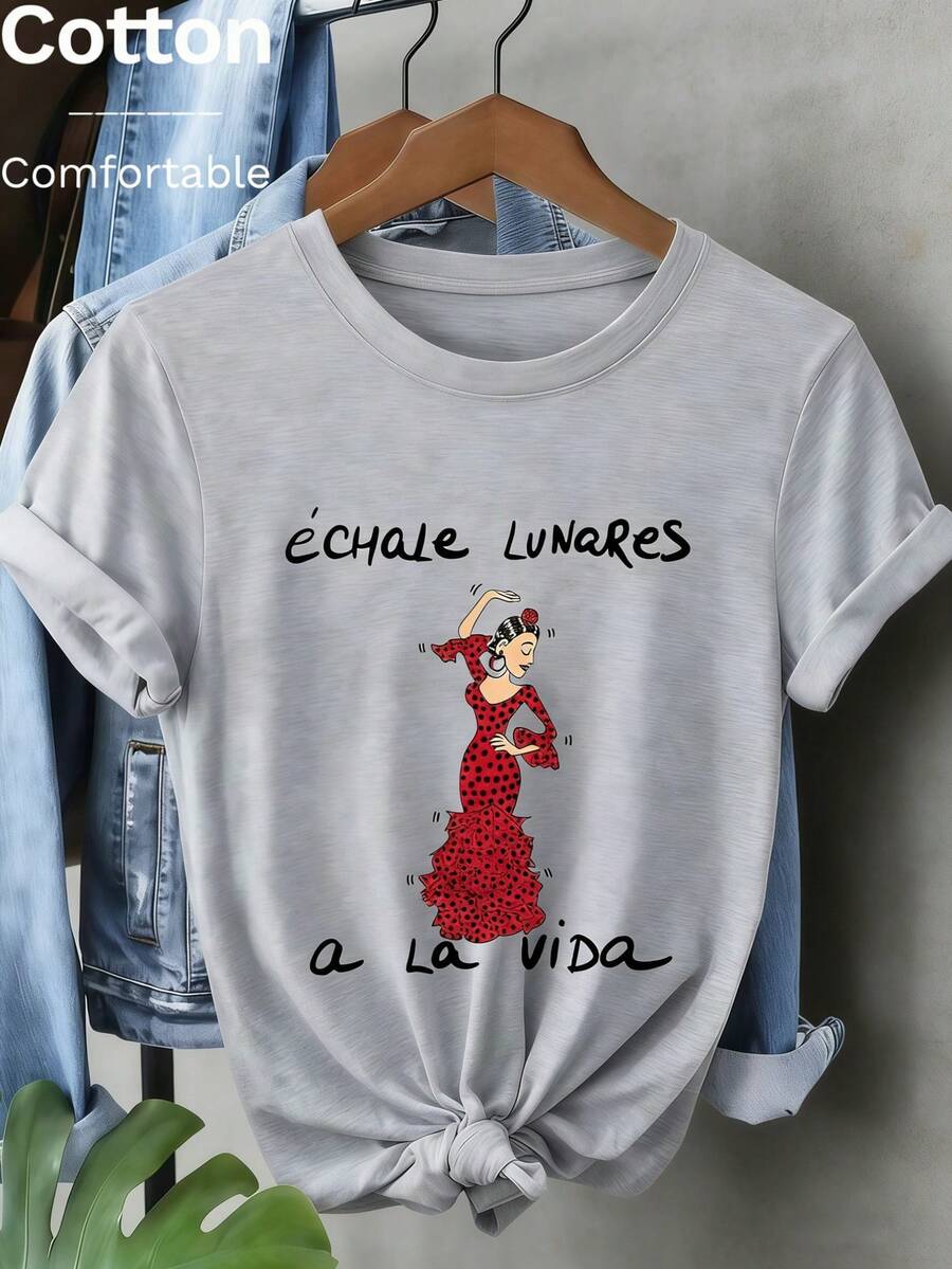 春夏女款弗拉明戈波點圖案T卹，休閒短袖100%純棉柔軟舒適T卹，Y2K街頭風西班牙標語印花上衣，夏季時尚T卹，適合休閒夏季穿著 - 花灰 - 查看 1