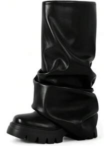 Women's Platform Round Toe Mid Calf Boots With Chunky Heel - M-black - View 12