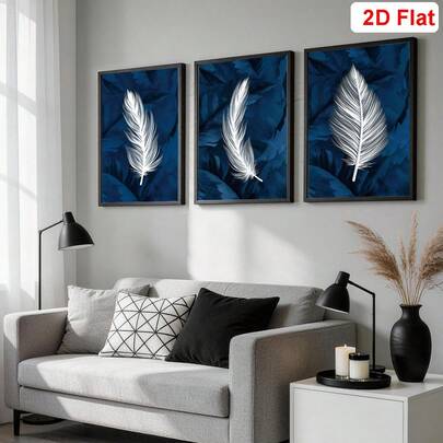 Juego de 3 piezas de arte decorativo de plumas azul marino moderno - Pintura sobre lienzo impermeable apta para sala de estar, dormitorio, oficina y cafetería - Diseño geométrico de moda, marco de madera de pino, excelente para el hogar y la residencia estudiantil