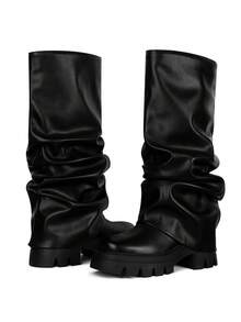 Knee High Slouchy Boots For Women Wide Calf Punk Metal Round Toe Fold Over Platform Boots Y2K Style Mettalic Slip On Folded Lug Sole Party Shoes Nightclub Outdoor Motorcycle Riding Business Casual Cosplay Wedding Dressy Concert Easter Spring Womens Summer Gothic Boots - 黑色 - 查看 9