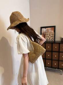 Summer Cotton Rope Woven Bag, Travel Beach Tote Basket Handbag For Women - Coffee - View 3