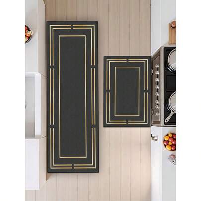 [Hàng HOT!] 1 tấm thảm nhà bếp bằng cao su mềm thấm hút, dày 3.5mm, phù hợp cho diện tích lớn hoặc nhỏ, phong cách hiện đại sang trọng hoặc cổ điển retro, đế màu đen mờ với họa tiết đường kẻ vàng chuyển sắc, có thể cắt tỉa cho vừa với nhà bếp, được làm từ vải bề mặt, lớp xốp ở giữa và lớp cao su dưới cùng, thích hợp cho nhà bếp, phòng khách, phòng ngủ, phòng trẻ em, làm tấm lót chuột, phòng tắm, lối vào, ngoài trời, ban công, hành lang và nhiều không gian khác trong nhà.