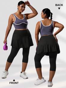 Plus-Size Women's High-Waisted Leggings, 2-In-1 Skirt-Pants, With Inner Pockets, Capri Yoga Pants, Suitable For Sports Such As Tennis And Golf. - màu đen - Xem 5