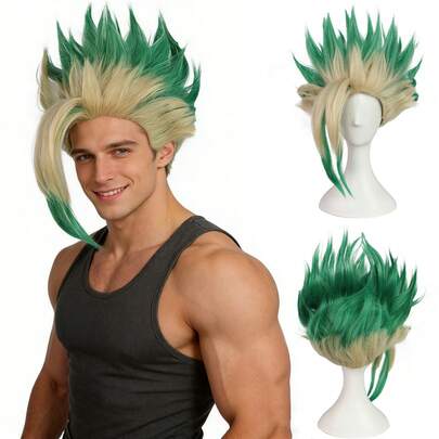 Tóc giả cosplay ngắn, kiểu dáng thẳng, màu xanh lá cây và vàng hoe, chất liệu sợi tổng hợp chịu nhiệt, kiểu dáng anime, dựng cao, vuốt sang một bên với phần đuôi màu xanh lá cây – Hoàn hảo cho trang phục dự tiệc, Comic Con, lễ hội và thời trang hàng ngày.