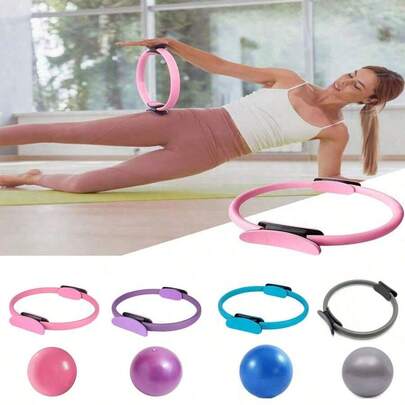 Bộ dụng cụ tập thể dục 2 món gồm vòng và bóng yoga, vòng bằng polypropylene và bóng yoga PVC chống trượt, chống nổ, thích hợp cho các bài tập thông thường, có các màu tím, hồng, xanh dương và xám, phù hợp cho tập luyện tại nhà.