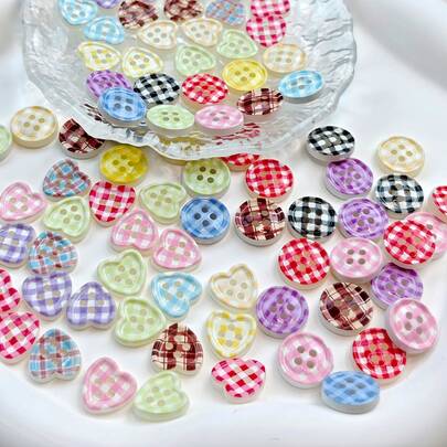 20/40/50 PCS, 1.2cm/1.25cm Round/Heart Grid Print 4-Hole Buttons, Suitable For Clothing Accessories, Dresses, Jackets, Shirts, Sweaters DIY, Dolls, Phone Cases Decoration