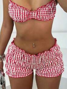 GILIPUR Quần short nữ kẻ caro đỏ kiểu Y2K với chi tiết bèo nhún, thời trang thường ngày cổ điển, phong cách đường phố châu Âu và Mỹ. - Đỏ - Xem 4