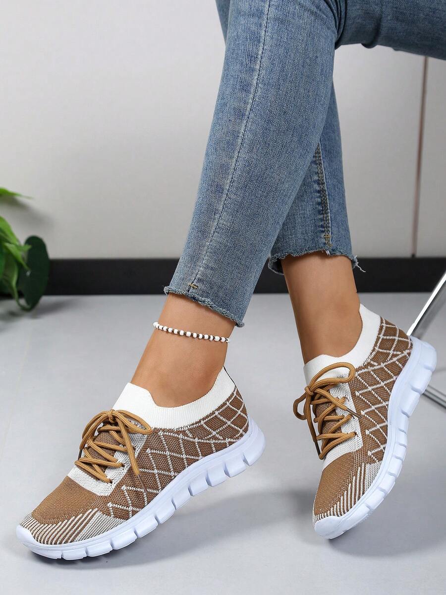 1 đôi giày thể thao nữ nhẹ, chống trơn trượt, thời trang, thoáng khí, buộc dây. - màu nâu - Xem 1