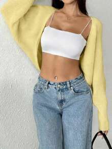 Cárdigan de punto de lana de unicolor acanalado informal para mujer - Amarillo - Ver 5