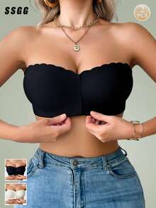 2件装女士无肩带文胸，无缝隐形抹胸式文胸，前扣设计，带钢圈聚拢文胸，适合露背连衣裙 - 彩色 - 查看 10