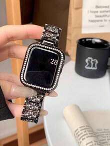 1条镶钻不锈钢金属表带，男女通用，闪亮时尚黑色金属手链，兼容 38mm 40mm 41mm 42mm 45mm 46mm 49mm，Series 10/9/8/7/6/5/4/3/2/1/SE/Ultra，可调节表带 - 黑色 - 查看 4