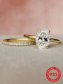 2pcs/Set S925 & 925 Sterling Silver 2 Carat Oval Ring Set, Elegant Ladies Rings Suitable For Dates, Parties, Anniversaries, Stackable, Refined Women's Jewelry Gift - Oval Ring Set - View 2