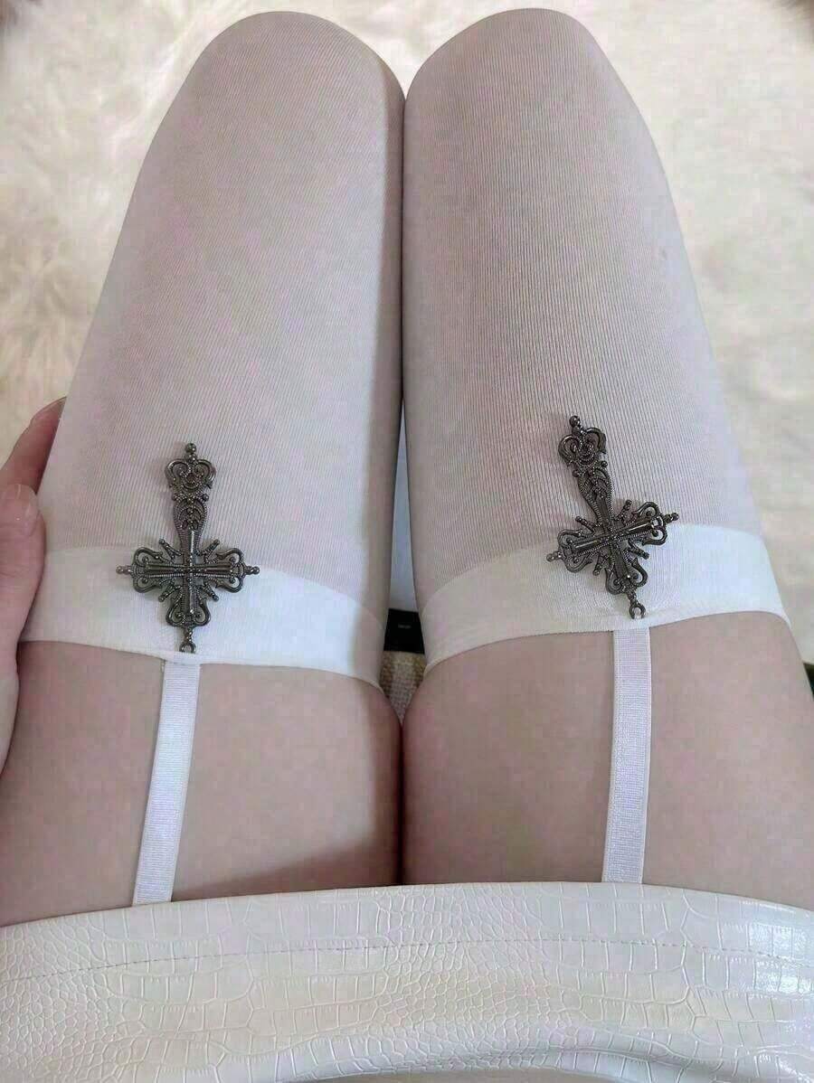 Women's Cross-Shaped Halter Neck Over-The-Knee Stockings, Velvet Black And White Solid Color Women's Long Socks, Warm And Slimming, No Delay Sensation, Resistant To Friction. Suitable For Parties, Daily Wear, And Winter Clothing. Combines Warmth And Fashion. - trắng - Xem 1