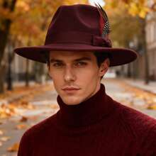 JEWELRYWE Elegant Wide-Brimmed Felt Hats For Men And Women: Soft Felt Hats With Feather Embellishments, Elegant Flat-Brimmed Fedoras - Suitable For Both Casual And Formal - Burgundy - View 8