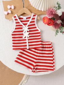 2pcs/Set Young Girls Casual Energetic Red Striped Vest + Shorts Set, Lightweight Summer Outdoor - Red - View 2
