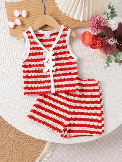 2pcs/Set Young Girls Casual Energetic Red Striped Vest + Shorts Set, Lightweight Summer Outdoor