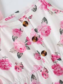 3pcs Young Girls' Fashion Solid Color Ribbed Floral Print Camisole & Pants Set - Hot Pink - View 3