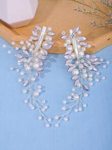 2pcs/Set Women's Handmade Pearl, Proteins & Glass Rhinestone Hair Clip For Bridal Wedding Headpiece, Elegant Sparkling Bohemian Casual Copper Alloy Bride Hair Accessories, All Season,Summer,Holiday,Travel - 淡紫色 - 查看 5