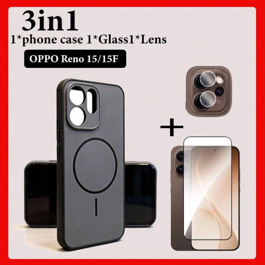 3-In-1 Magnetic Protective Case For Reno 15 5G/Reno 15F, Includes Tempered Glass Screen Protector + Lens Protector, Full-Body Shockproof Hard Shell Case, Durable And Anti-Scratch - Black - View 1