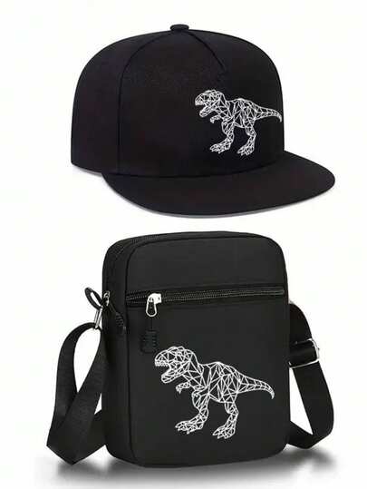 1pc/2pcs Dinosaur Print Design Baseball Cap And Crossbody Bag Set, Streetwear Style Fashion Outdoor Sports Flat Brim Cap And Shoulder Bag, Adjustable, Gift For Friends And Anniversary