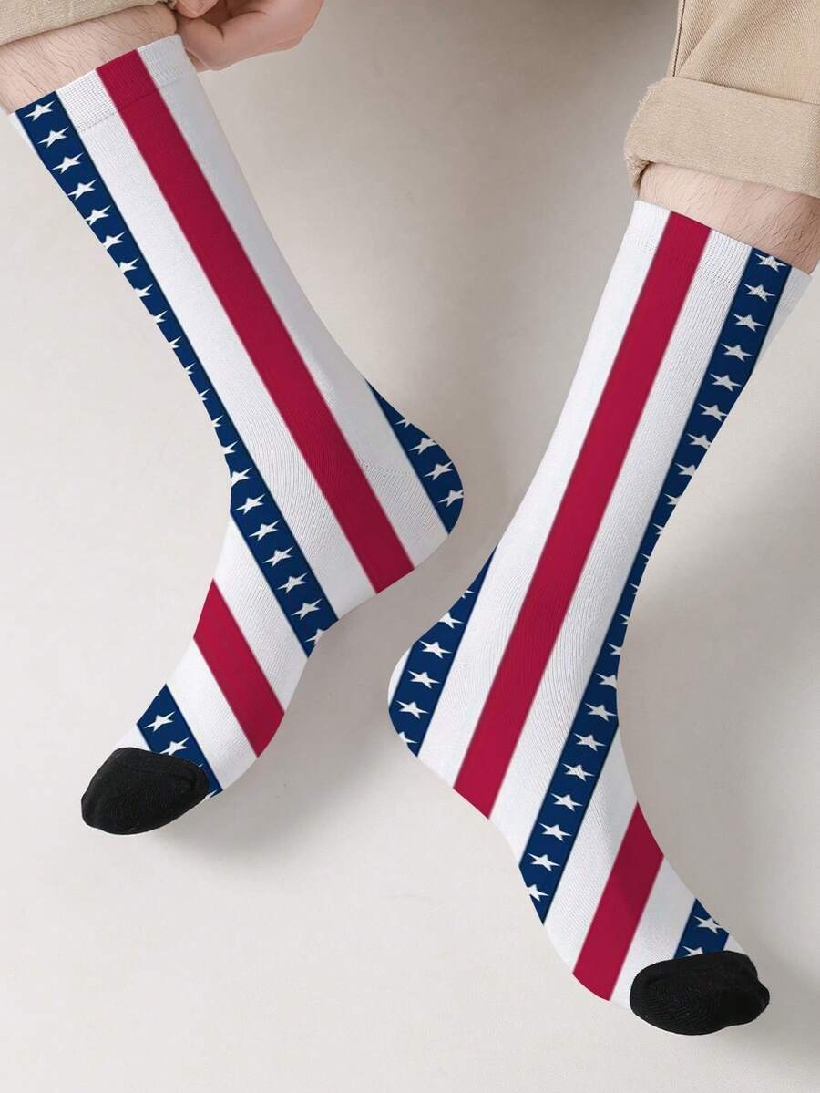 1 双 360 度印花星条旗船袜 - 男士复古红白蓝中筒袜 - 彩色 - 查看 1