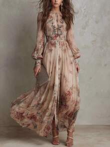 Casual Gown With A Vintage Floral Chiffon Design, Featuring A Crew Neck, Long Sleeves, And A Ruched Waist - 彩色 - 查看 1